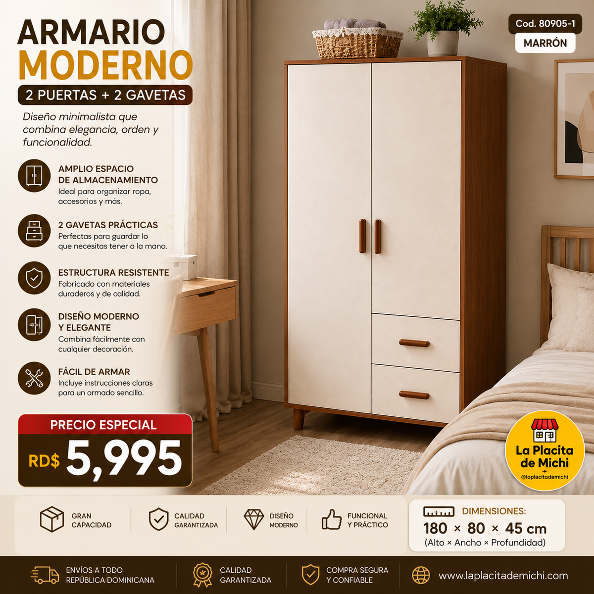 ⭐ Armario Moderno 2 Puertas + 2 Gavetas – Diseño Minimalista
📌 Cod. 80905-1 Marrón 

💰 RD$5,995

📏 Dimensiones: 180 × 80 × 45 cm