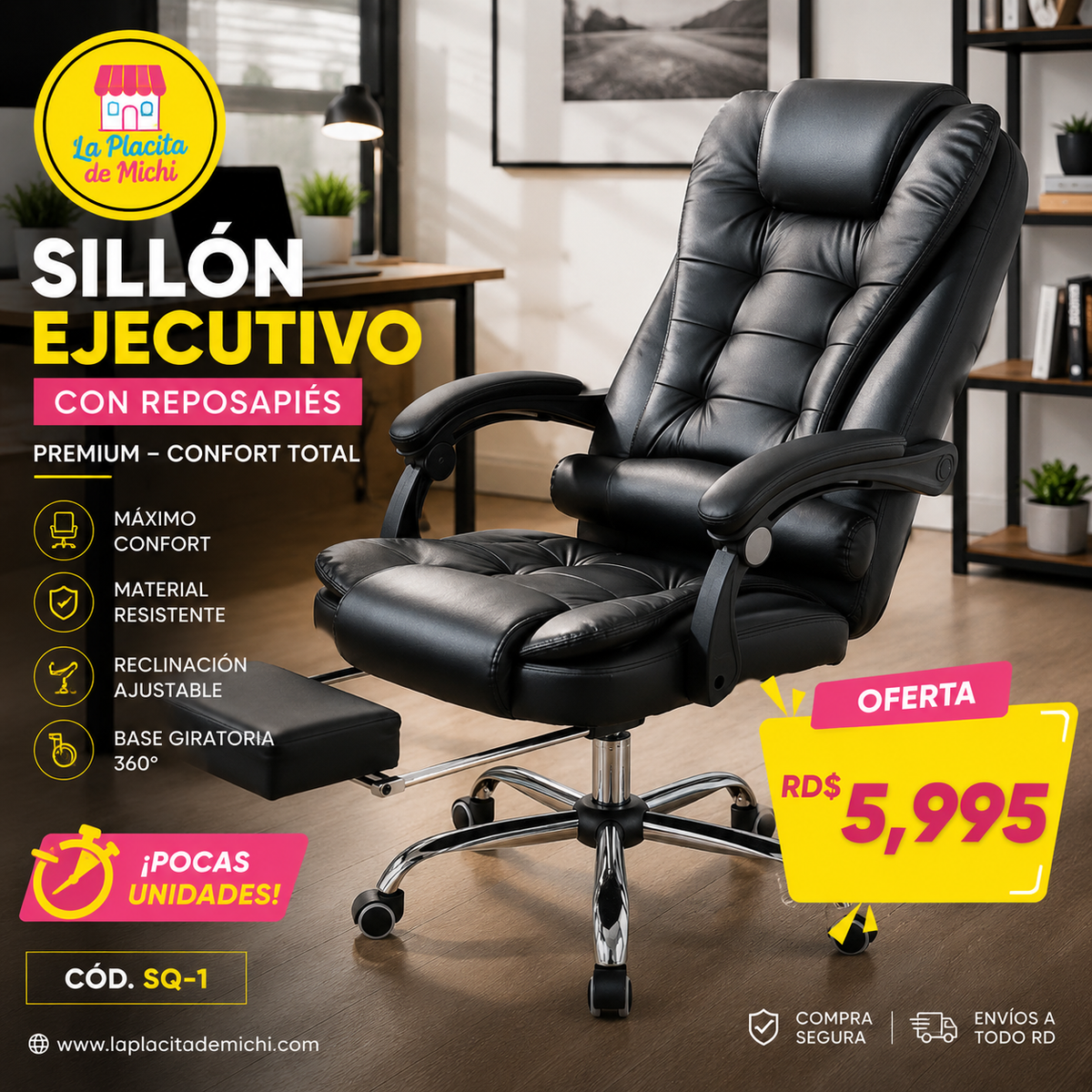 🔥 SILLON EJECUTIVO  CON REPOSAPIÉS / PREMIUM – CONFORT TOTAL 🔥 (Cod.Sq-1) (Color Negro)⚫️

💰RD$5,995