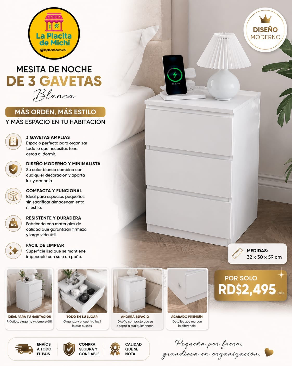 ✨🛏️ MESITA DE NOCHE DE 3 GAVETAS BLANCA – MÁS ORDEN, MÁS ESTILO Y MÁS ESPACIO EN TU HABITACIÓN ✨🛏️

🆔 Cod. 283284

💰 RD$2,495 c/u.  MEDIDAS (32x30x59cm)