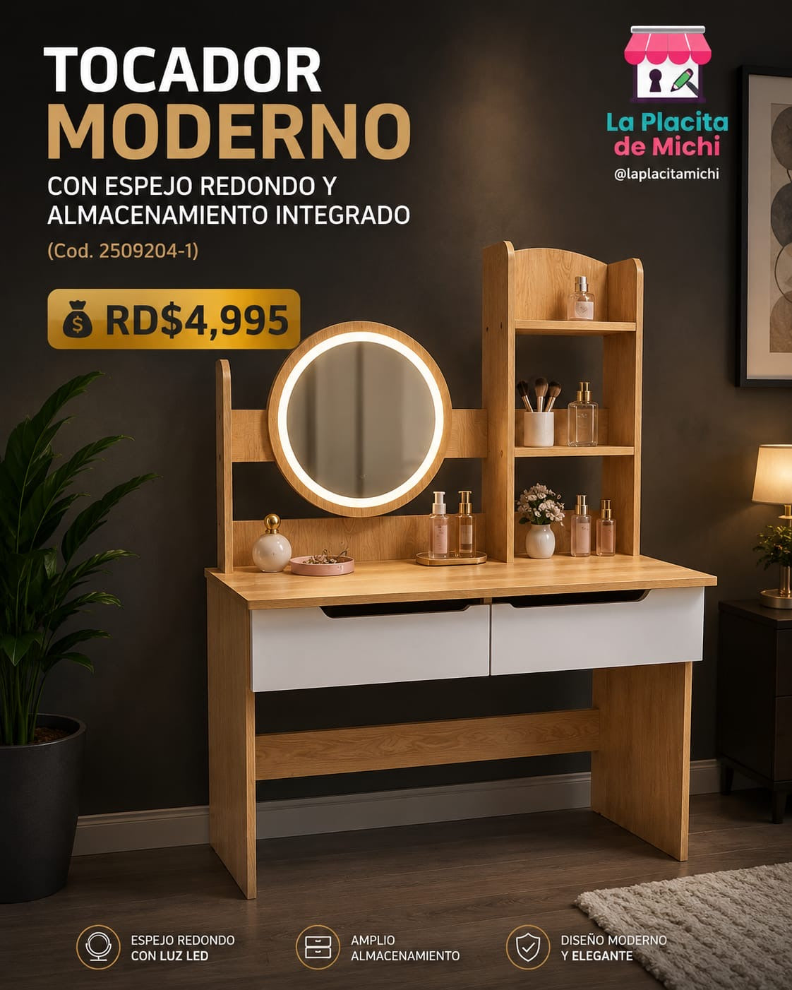 ✨ Tocador Moderno con Espejo Redondo y Almacenamiento Integrado ✨(Cod. 2509204-1)

💰RD$4,995