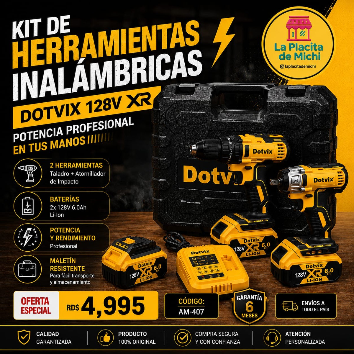 🔧⚡ KIT DE HERRAMIENTAS INALÁMBRICAS DOTVIX 128V XR – POTENCIA PROFESIONAL EN TUS MANOS ⚡🔧
COD AM-407

💰RD$4,995