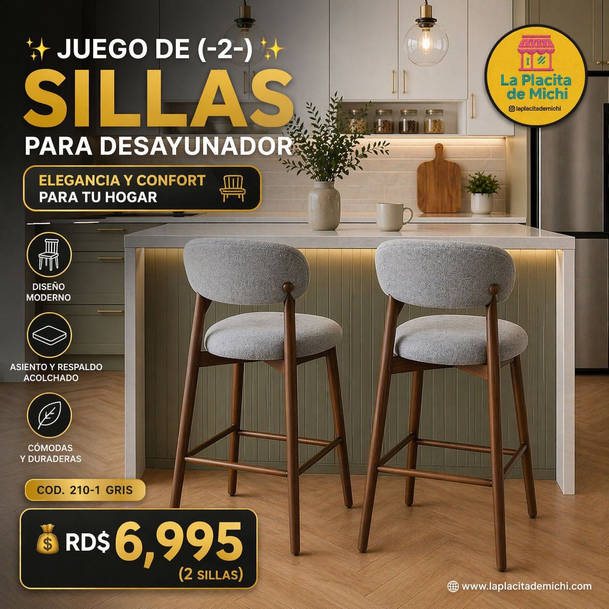 ✨ JUEGO DE (-2-) SILLAS PARA DESAYUNADOR – ELEGANCIA Y CONFORT PARA TU HOGAR ✨
📌 Diseño Moderno (Cod. 210-1 Gris)

💰RD$6,995 (2 Sillas)