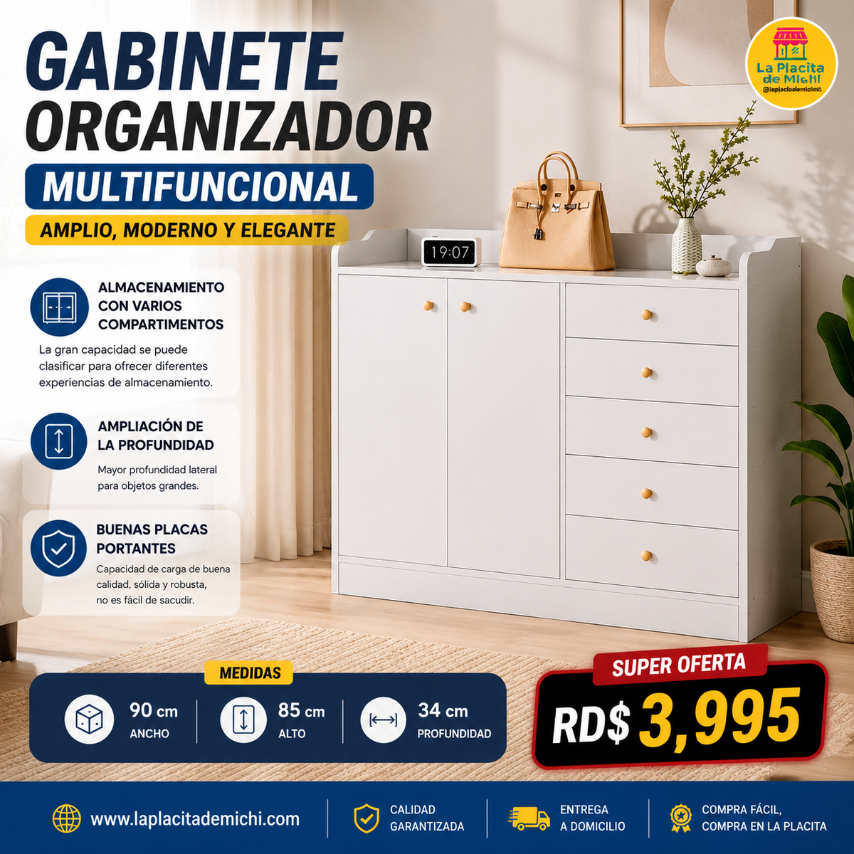 🤍 GABINETE ORGANIZADOR MULTIFUNCIONAL – AMPLIO, MODERNO Y ELEGANTE (Cod. M04)

💰RD$3,995 

📏 Medidas:
↔️ Ancho: 90 cm
↕️ Alto: 85 cm
📐 Profundidad: 34 cm