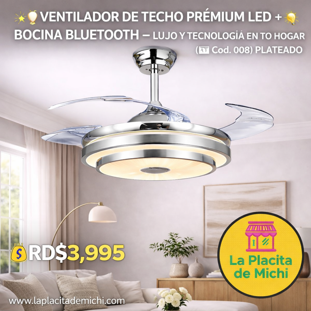 ✨💡 VENTILADOR DE TECHO PREMIUM LED + BOCINA BLUETOOTH – LUJO Y TECNOLOGÍA EN TU HOGAR 💡✨
(🆔 Cod. 008) PLATEADO

💰RD$3,995