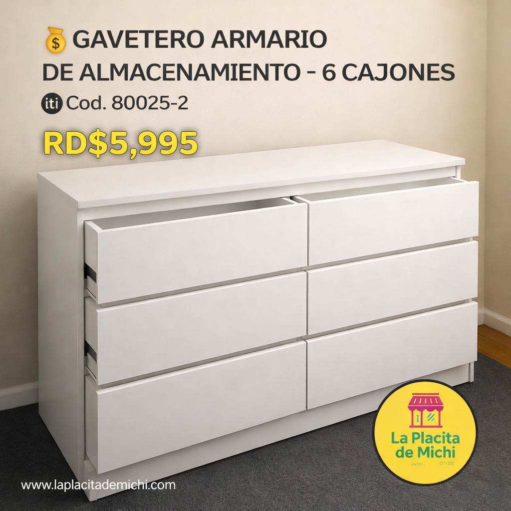 🧺 GAVETERO ARMARIO DE ALMACENAMIENTO – 6 CAJONES | BLANCO 🆔 Cod. 80025-2

💰 RD$5,995

📐 Medidas 
• Ancho: 120 cm
• Alto: 98.6 cm
• Fondo: 40 cm