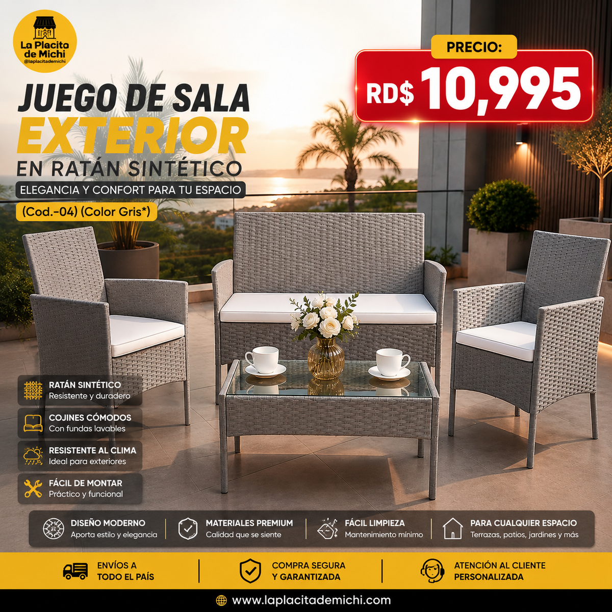 🛋️ Juego de Sala Exterior en Ratán Sintético – Elegancia y Confort para tu Espacio 🛋️ (Cod.-04) (*Color Gris*)

💰RD$10,995