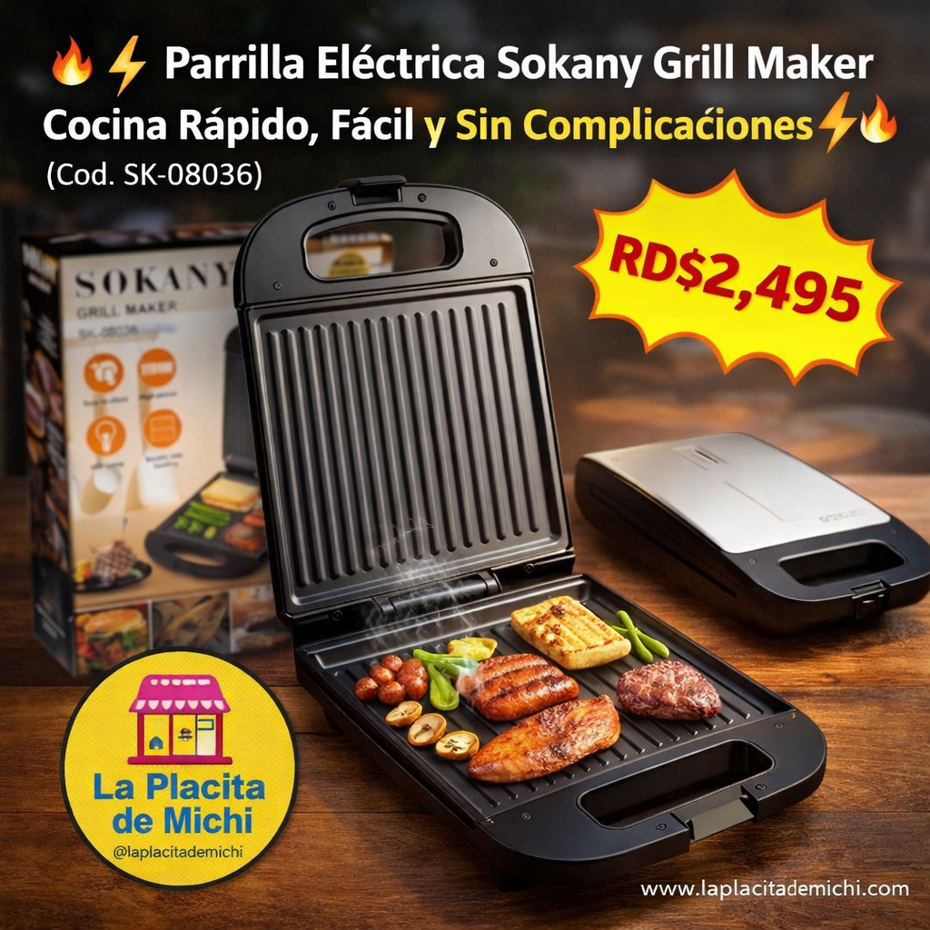 🔥⚡ Parrilla Eléctrica Sokany Grill Maker – Cocina Rápido, Fácil y Sin Complicaciones ⚡🔥 (Cod. SK-08036)

💰RD$2,495
