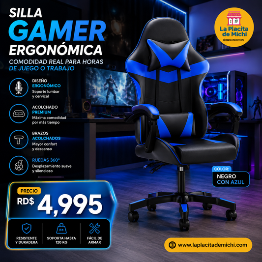 🎮🔥 SILLA GAMER ERGONÓMICA – COMODIDAD REAL PARA HORAS DE JUEGO O TRABAJO 🔥🎮
🎨 Color: Negro con Azul 🔵

💰 Precio: RD$4,995