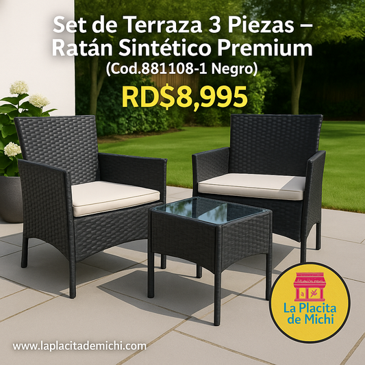 ⭐ Set de Terraza 3 Piezas – Ratán Sintético Premium (Cod.881108-1 Negro) 

💰 RD$8,995