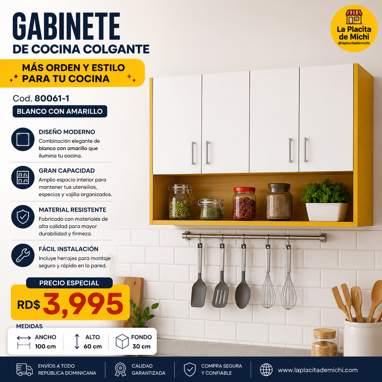 🍽️✨ GABINETE DE COCINA COLGANTE – MÁS ORDEN Y ESTILO PARA TU COCINA ✨🍽️

🆔 Cod. 80061-1 Blanco con Amarillo 

💰 RD$3,995
