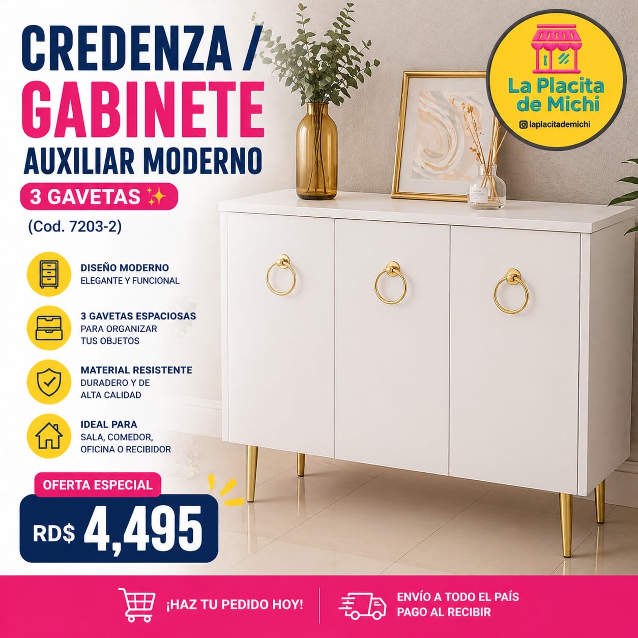 ✨ CREDENZA / GABINETE AUXILIAR MODERNO  3 GAVETAS ✨ (Cod. 7203-2)

💰RD$4,495