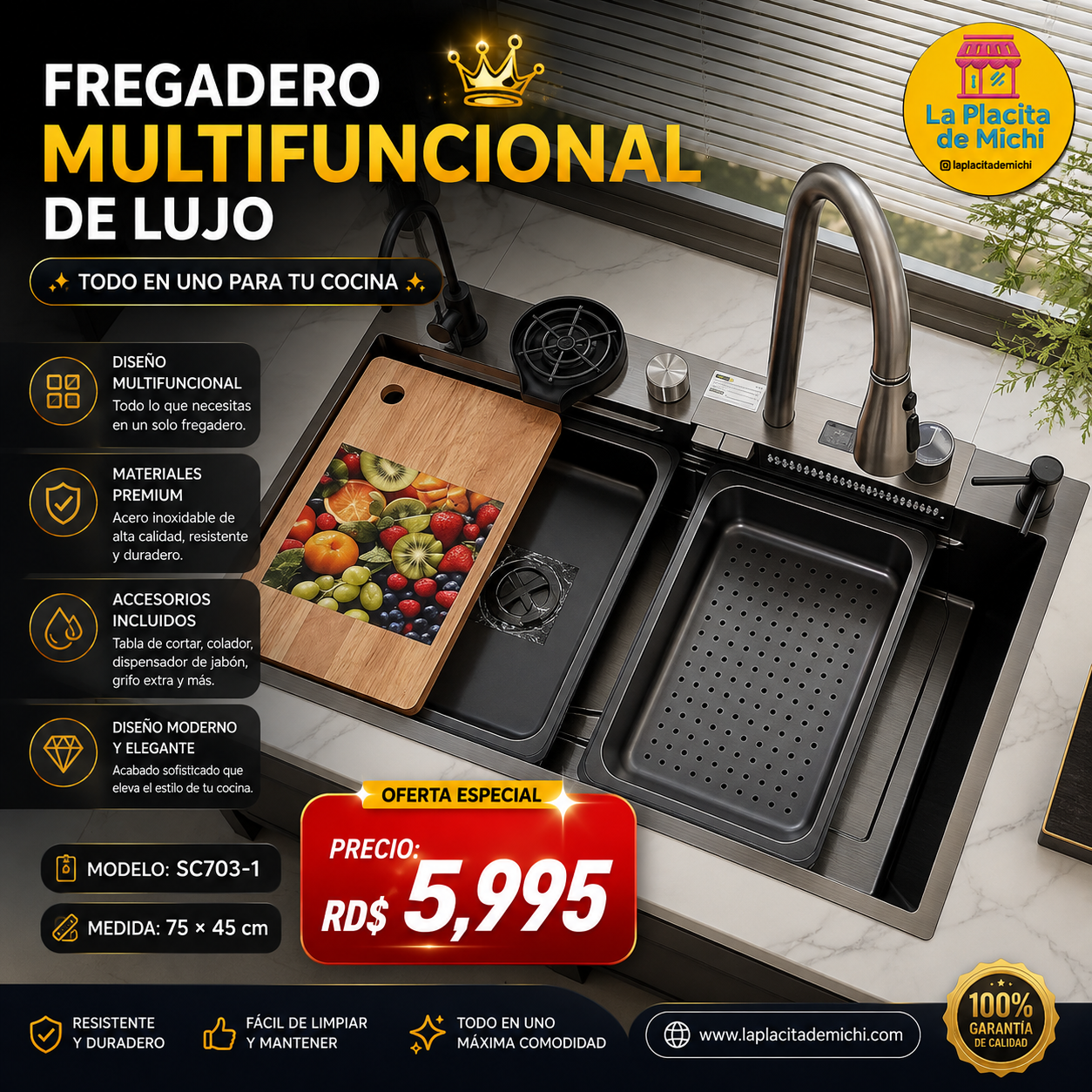 ✨🚿 FREGADERO MULTIFUNCIONAL DE LUJO – TODO EN UNO PARA TU COCINA 🚿✨
🆔 Modelo: SC703-1 (NEGRO)
📏 Medida: 75 × 45 cm
🎨 Color: Negro (Acero inoxidable)

💰 Precio: RD$5,995