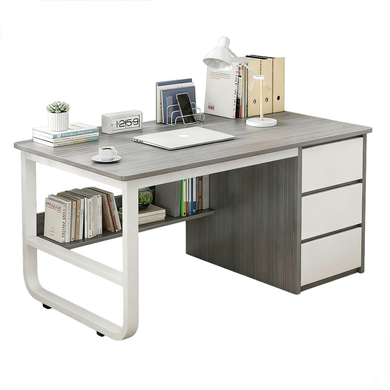 🖥️✨ ESCRITORIO MODERNO CON GAVETAS Y ESTANTERÍA INTEGRADA ✨🖥️ (Cod. 25101-3 Gris) 

💰RD$3,995