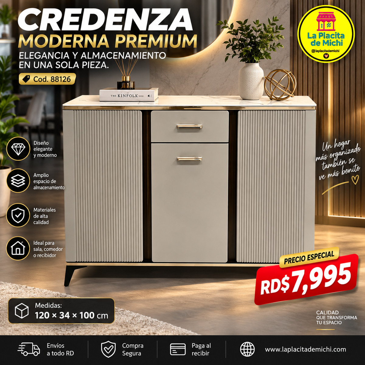 ✨ CREDENZA MODERNA PREMIUM – ELEGANCIA Y ALMACENAMIENTO EN UNA SOLA PIEZA ✨🆔(Cod. 88126)

💰RD$7,995 

📏 Medidas: 120 × 34 × 100 cm