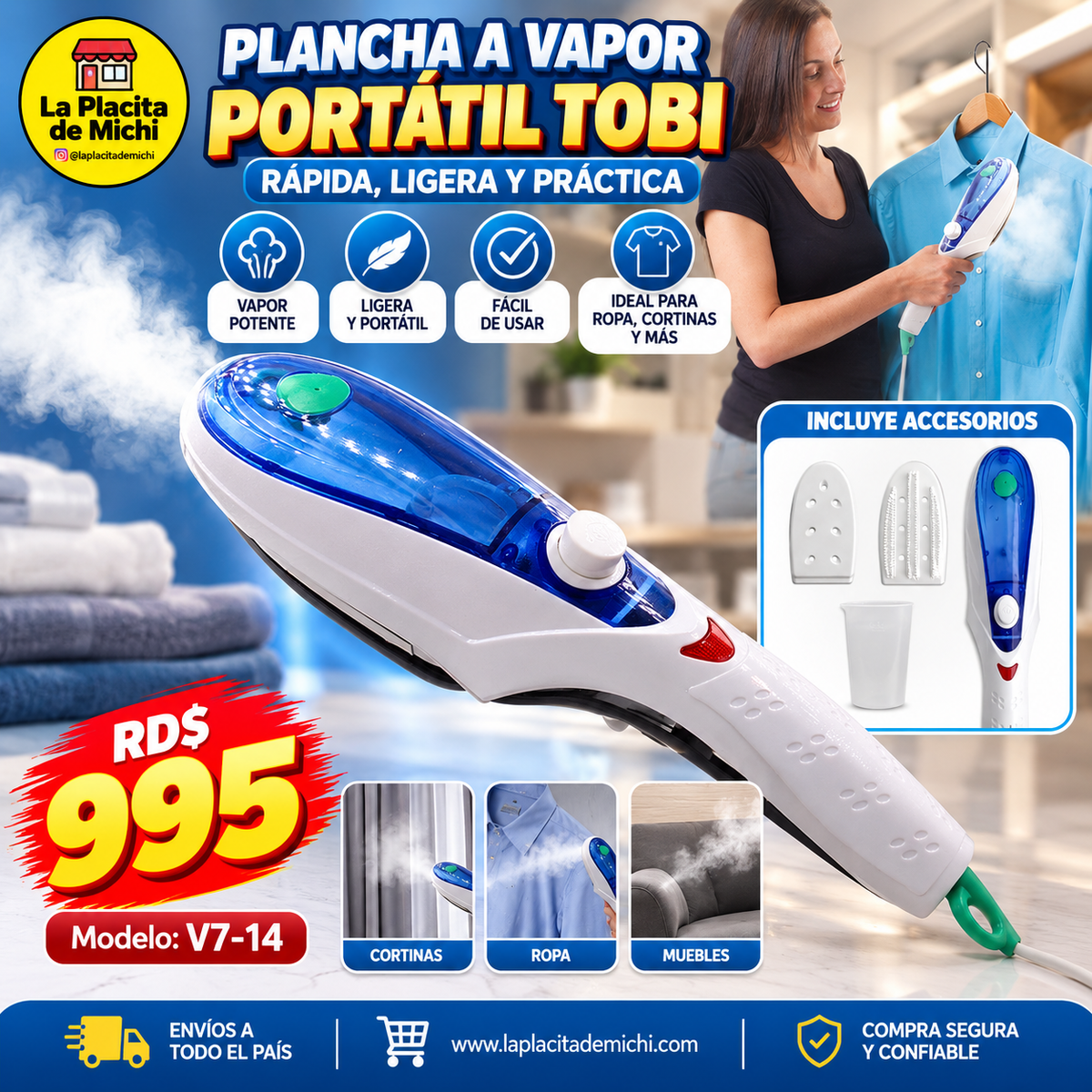 🔥💨 PLANCHA A VAPOR PORTÁTIL TOBI – RÁPIDA, LIGERA Y PRÁCTICA 💨🔥
🆔 Modelo: V7-14

💰 RD$995