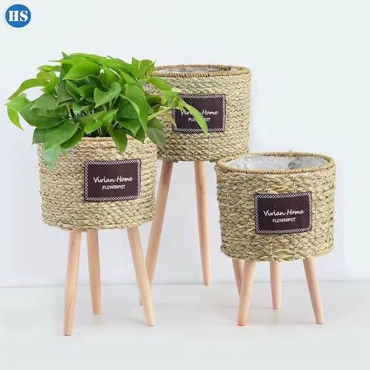 Juego de 3 cestas de plantas tejidas con patas de madera para decoración del hogar, contenedor fabuloso para plantadores, macetas ecológicas para plantas. (Cod.06-1)