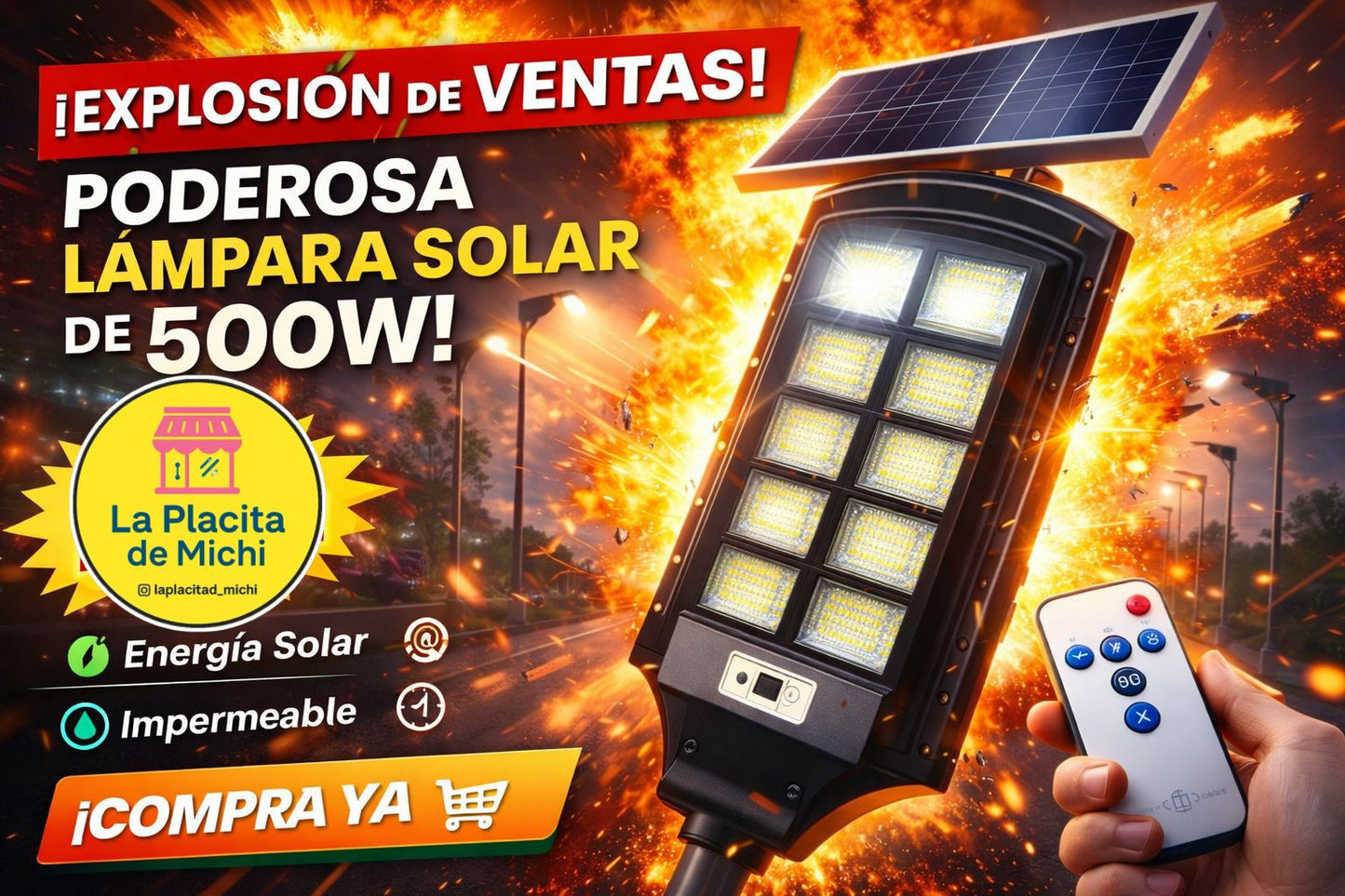 💡🔥 LÁMPARA SOLAR DE CALLE 500W – POTENCIA REAL PARA EXTERIORES 🔥💡 (Cod.402) 

💰RD$3,995
