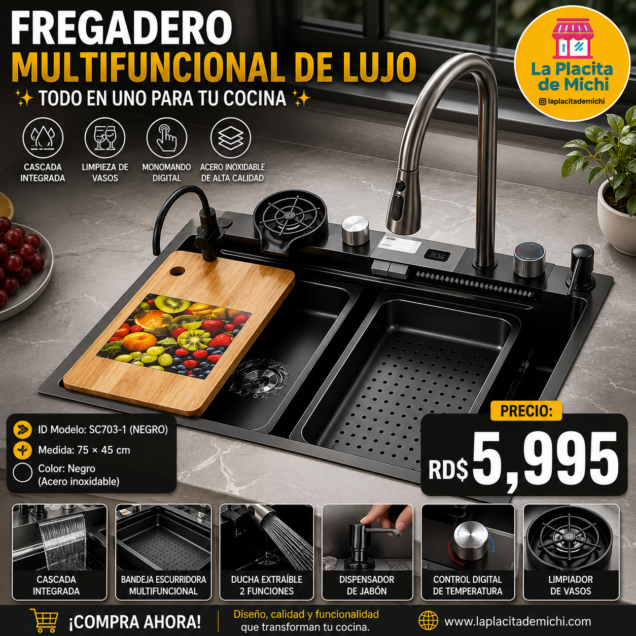 ✨🚿 FREGADERO MULTIFUNCIONAL DE LUJO – TODO EN UNO PARA TU COCINA 🚿✨
🆔 Modelo: SC703-1 (NEGRO)
📏 Medida: 75 × 45 cm
🎨 Color: Negro (Acero inoxidable)

💰 Precio: RD$5,995