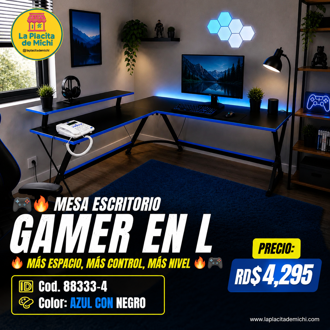 🎮🔥 MESA ESCRITORIO GAMER EN L – MÁS ESPACIO, MÁS CONTROL, MÁS NIVEL 🔥🎮
🆔 Cod. 88333-4
🎨 Color: AZUL CON NEGRO 

💰 Precio: RD$4,295