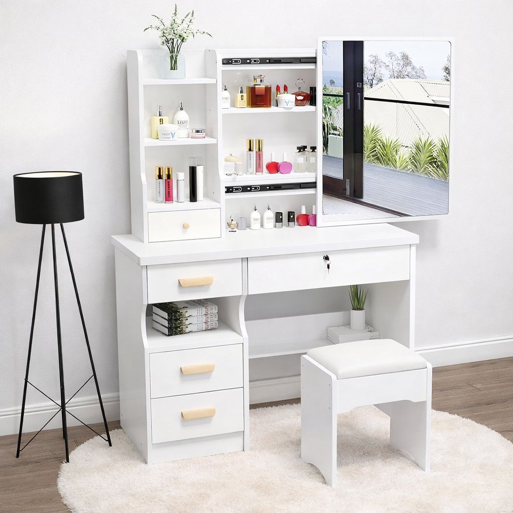 ✨ JUEGO DE TOCADOR CON ESPEJO + TABURETE ✨
(Cod.003-005BL) Blanco 
💰RD$5,995