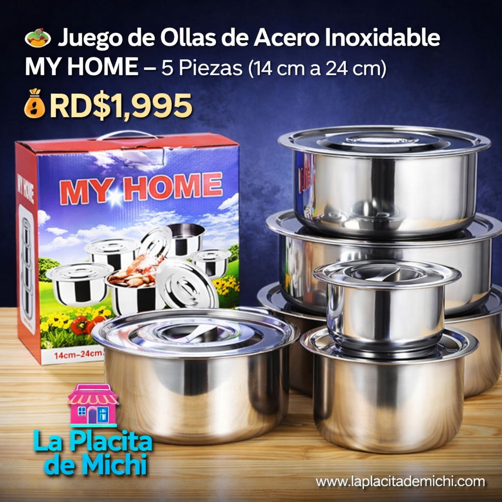 🍲 Juego de Ollas de Acero Inoxidable MY HOME – 5 Piezas (14 cm a 24 cm)

💰RD$1,995