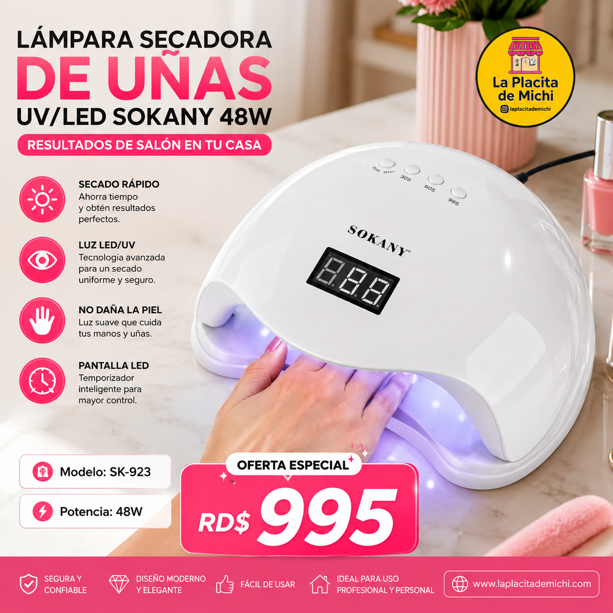 💅✨ LÁMPARA SECADORA DE UÑAS UV/LED SOKANY 48W – RESULTADOS DE SALÓN EN TU CASA ✨💅

🆔 Modelo: SK-923
💰 RD$995