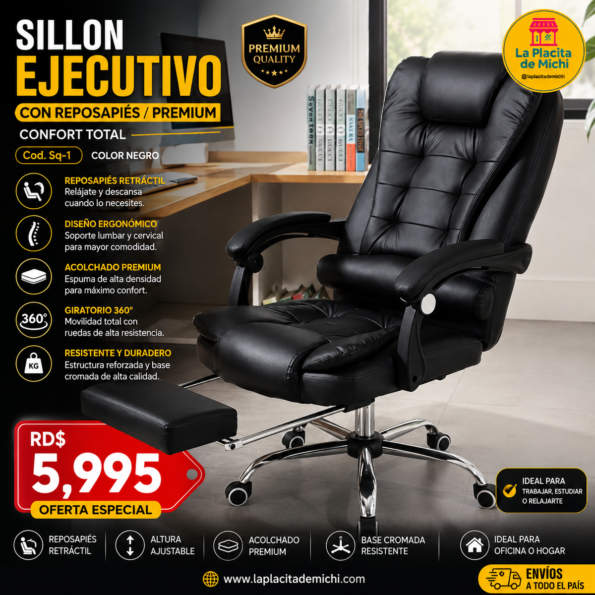 🔥 SILLON EJECUTIVO  CON REPOSAPIÉS / PREMIUM – CONFORT TOTAL 🔥 (Cod.Sq-1) (Color Negro)⚫️

💰RD$5,995