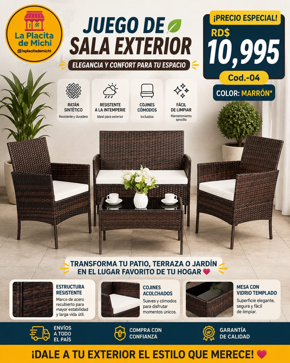 🛋️ Juego de Sala Exterior en Ratán Sintético – Elegancia y Confort para tu Espacio 🛋️ (Cod.-04) (*Color MARRÓN*

💰RD$10,995