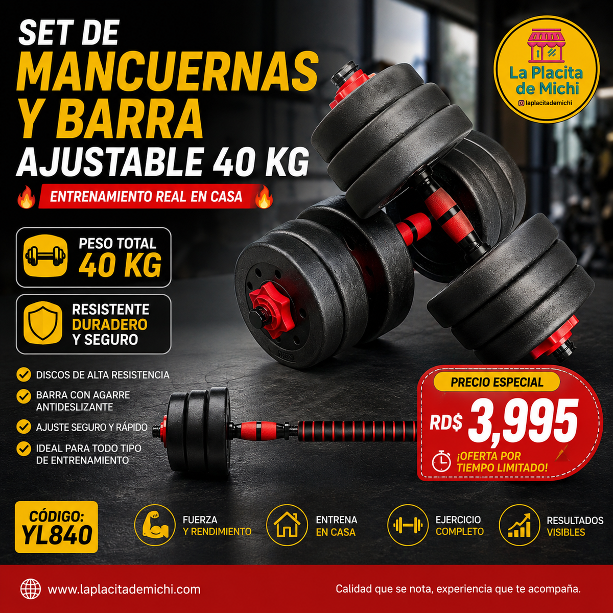 🔥 SET DE MANCUERNAS Y BARRA AJUSTABLE 40 KG – ENTRENAMIENTO REAL EN CASA 🔥

🆔 Cod. YL840
⚖️ Peso total: 40 KG

💰RD$3,995