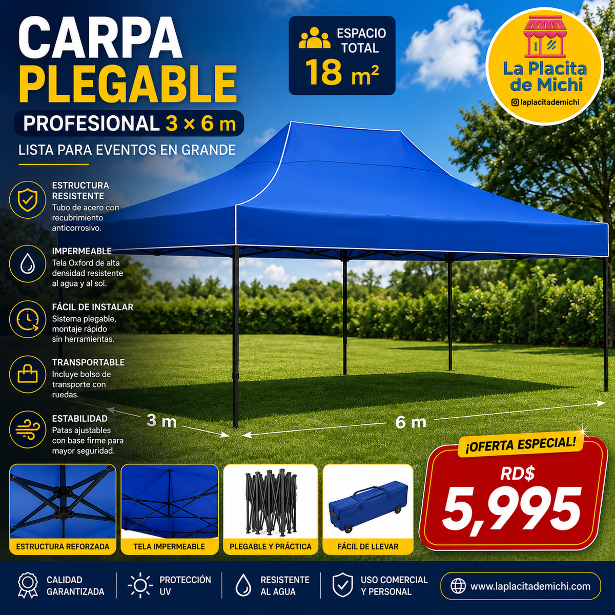 ⛺ Carpa Plegable Profesional 3 × 6 m – Lista para Eventos en Grande

💰 RD$5,995