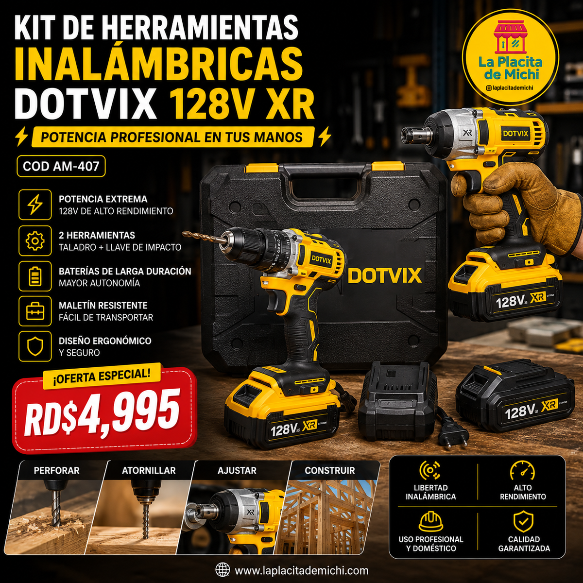 🔧⚡ KIT DE HERRAMIENTAS INALÁMBRICAS DOTVIX 128V XR – POTENCIA PROFESIONAL EN TUS MANOS ⚡🔧
COD AM-407

💰RD$4,995