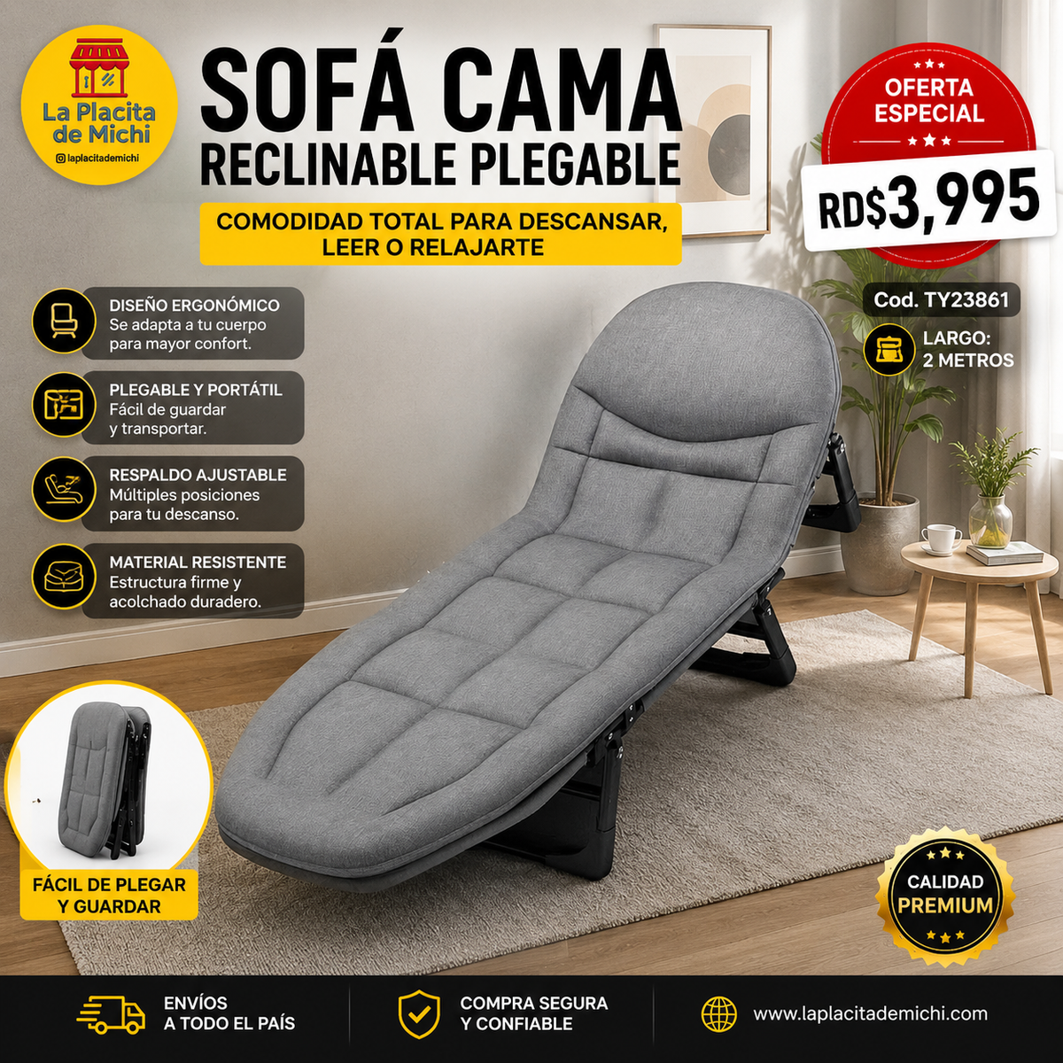 🛋️✨ SOFÁ CAMA RECLINABLE PLEGABLE – COMODIDAD TOTAL PARA DESCANSAR, LEER O RELAJARTE ✨🛋️

🆔 Cod. TY23861

📏 Largo: 2 Metros

💰 RD$3,995