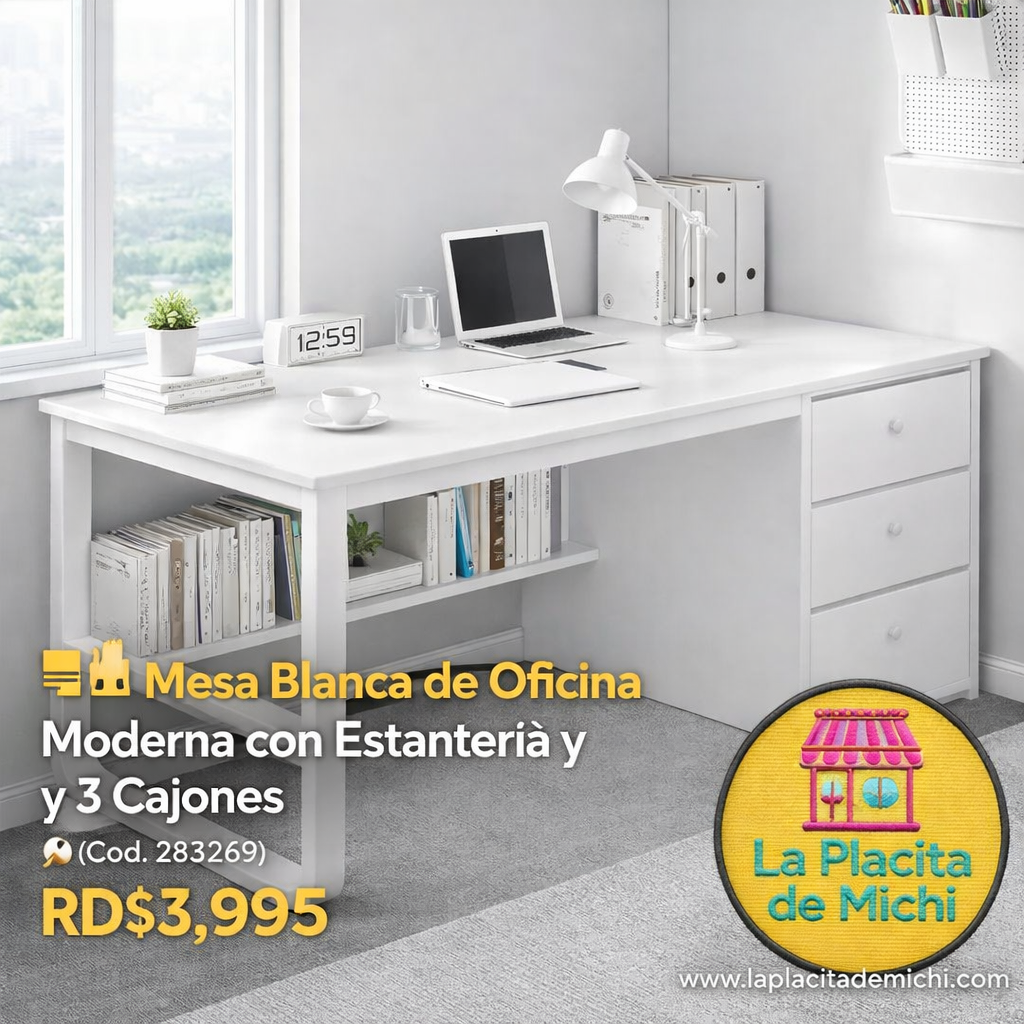 🪑💼 Mesa  Blanca de Oficina Moderna con Estantería y 3 Cajones 📌 (Cod. 283269)

💰 RD$3,995