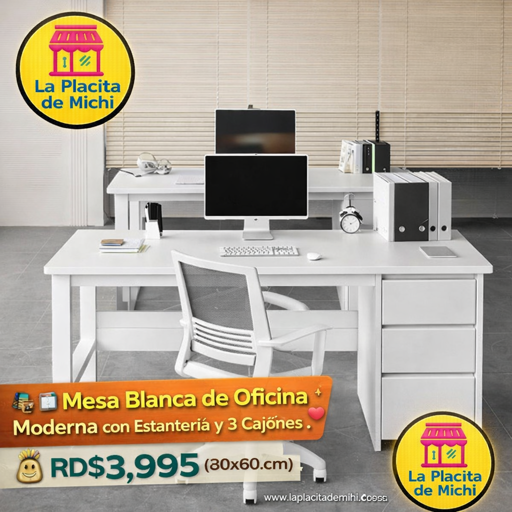 🪑💼 Mesa  Blanca de Oficina Moderna con Estantería y 3 Cajones 📌 (Cod. 283269)

💰 RD$3,995