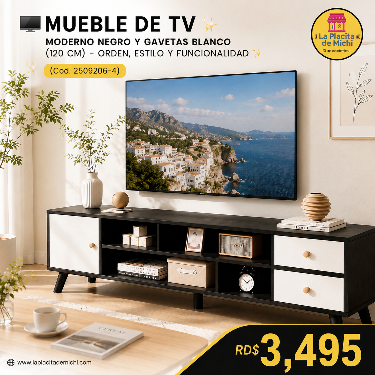 🖥️✨ MUEBLE DE TV MODERNO NEGRO Y GAVETAS BLANCO (120 CM) – ORDEN, ESTILO Y FUNCIONALIDAD ✨🖥️ (Cod. 2509206-4)

💰RD$3,495