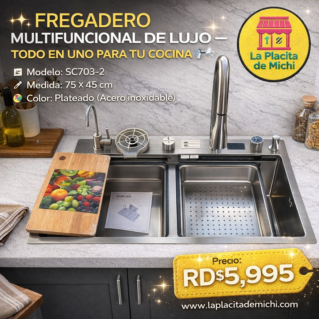 ✨🚿 FREGADERO MULTIFUNCIONAL DE LUJO – TODO EN UNO PARA TU COCINA 🚿✨
🆔 Modelo: SC703-2
📏 Medida: 75 × 45 cm
🎨 Color: Plateado (Acero inoxidable)

💰 Precio: RD$5,995