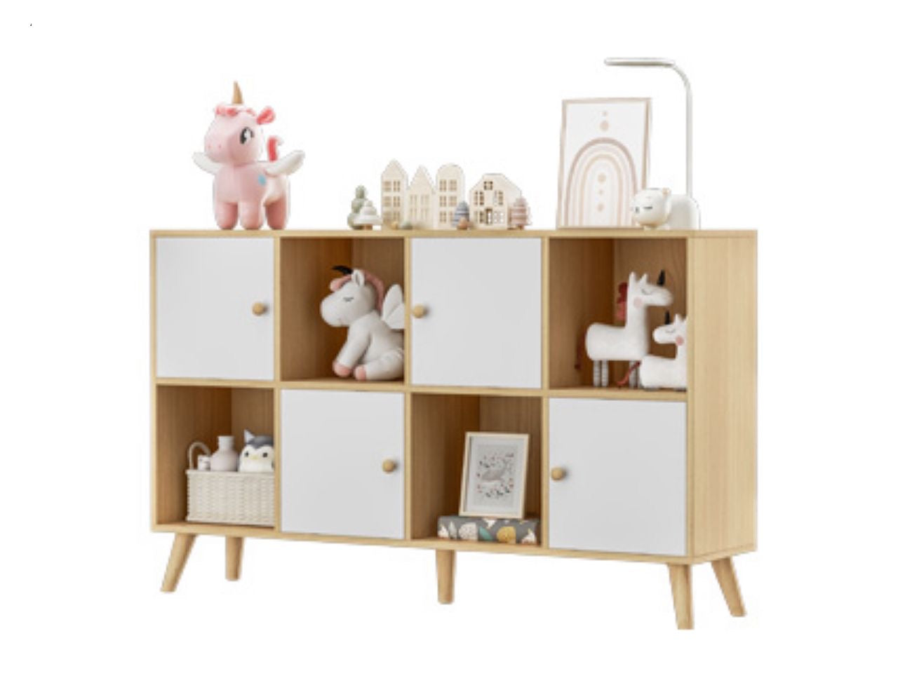 🪵 Estantería Organizadora de 8 Cubos – Roble y Blanco | 2 Niveles con Puertas
(Cod. SG7201-2) (120xm) 
💰RD$3,995