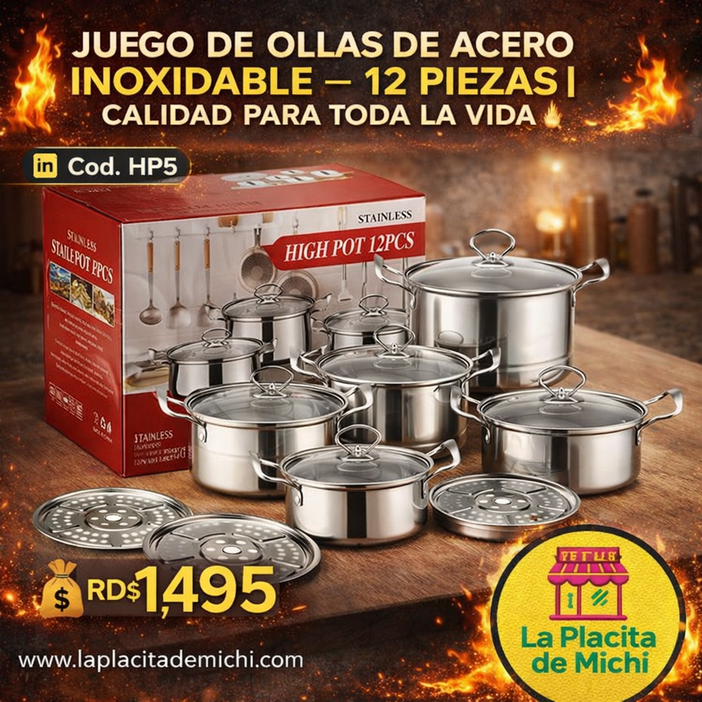 🔥 JUEGO DE OLLAS DE ACERO INOXIDABLE – 12 PIEZAS | CALIDAD PARA TODA LA VIDA 🔥
🆔 Cod. HP5

💰 RD$1,495