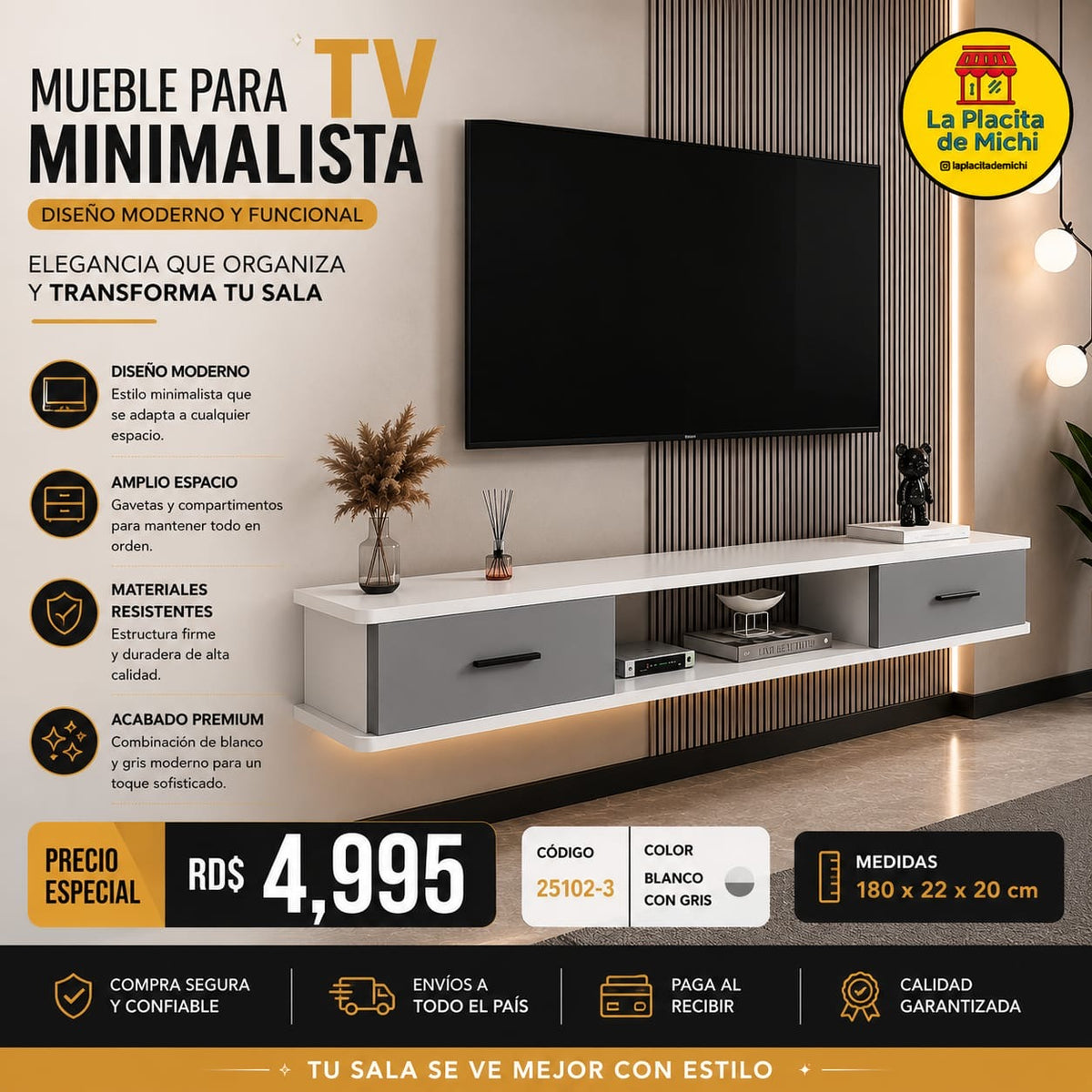 🖥️✨ Mueble para TV Minimalista con Gavetas – Diseño Moderno y Funcional ✨🖥️ Blanco Con Gris 
🆔 Cod. 25102-3
📏 Medidas: 180 × 22 × 20 cm

💰 Precio: RD$4,995
