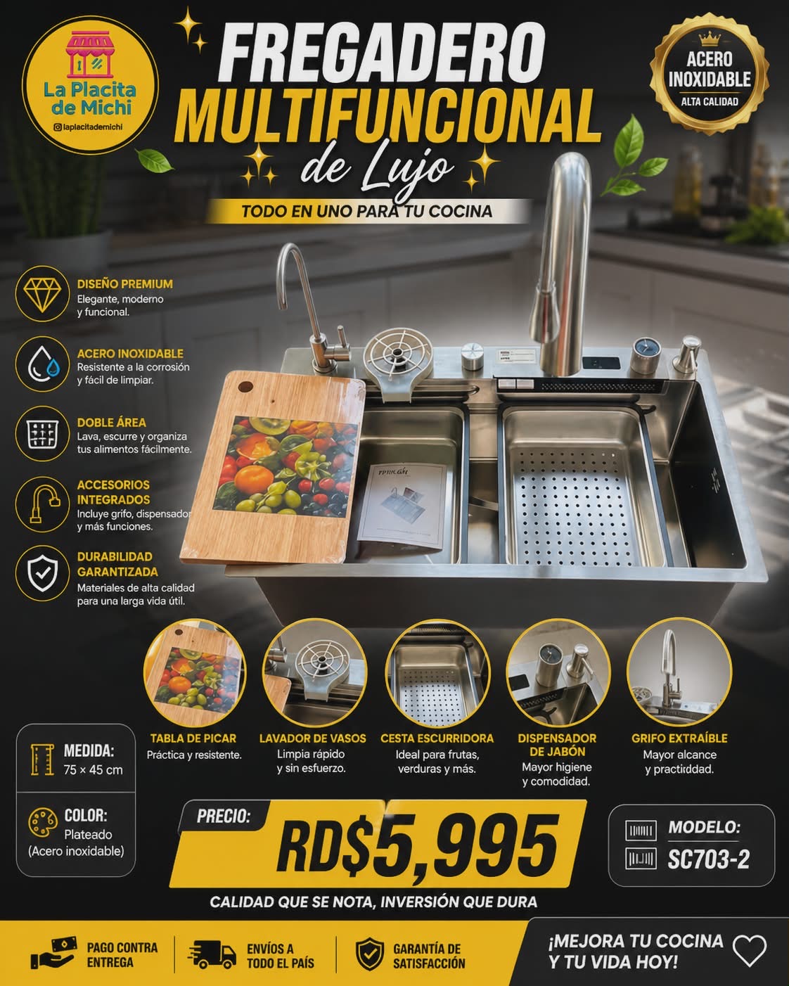 ✨🚿 FREGADERO MULTIFUNCIONAL DE LUJO – TODO EN UNO PARA TU COCINA 🚿✨
🆔 Modelo: SC703-2
📏 Medida: 75 × 45 cm
🎨 Color: Plateado (Acero inoxidable)

💰 Precio: RD$5,995