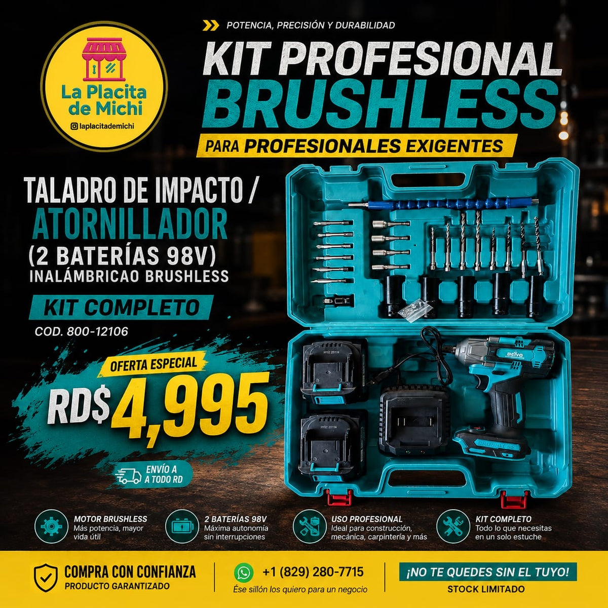 Taladro de Impacto / 🔩 Atornillador  de (2 Baterías 98V) Inalámbricao Brushless – Kit Profesional Completo (Cod. 800-12106)

💰RD$4,995