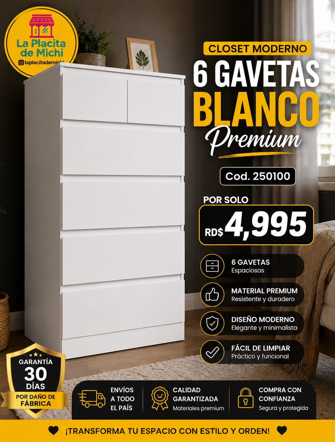 Closet Moderno 6 Gavetas – Blanco Premium (Alta Capacidad) (Cod.250100)
💰RD$4,995