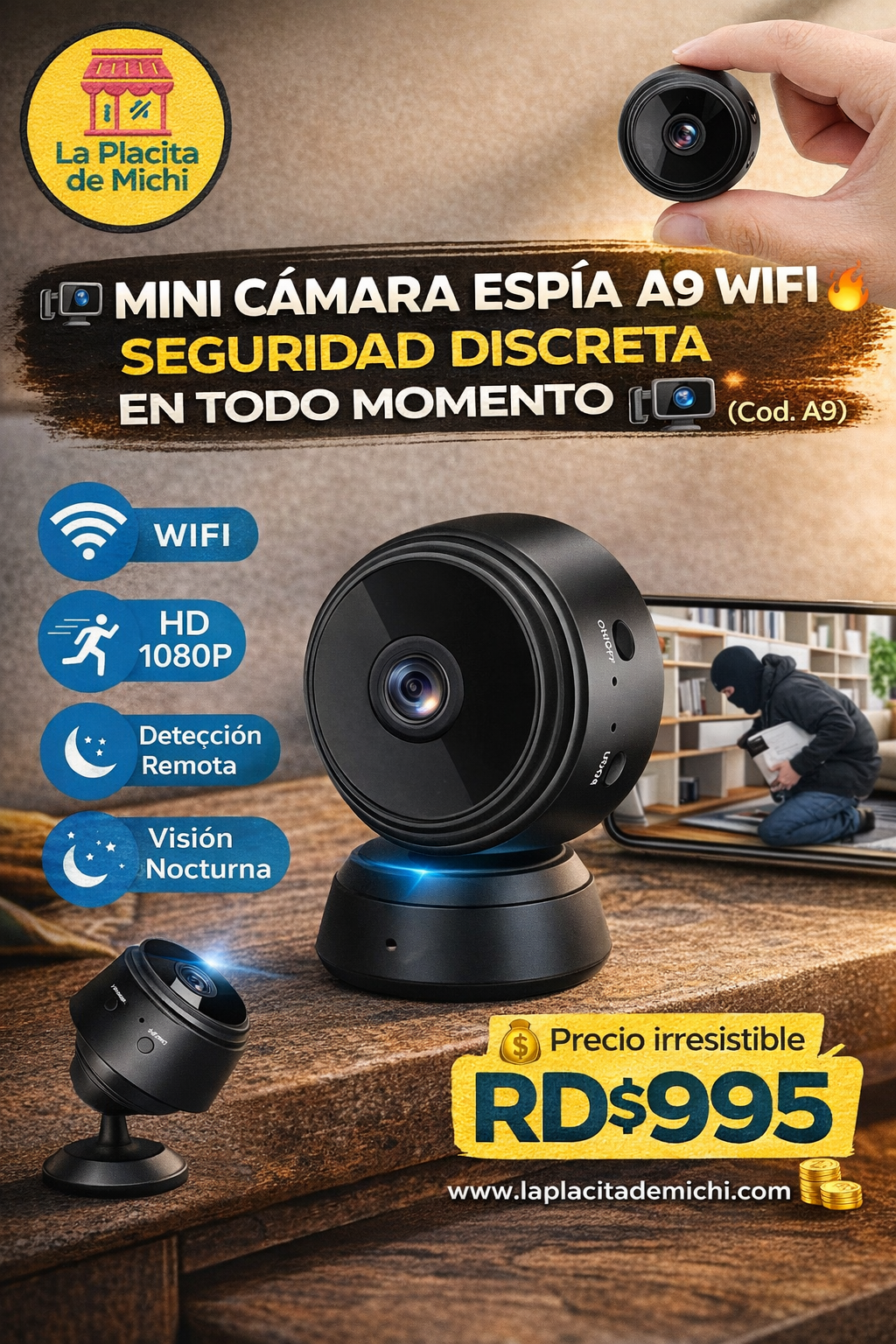 📹🔥 MINI CÁMARA ESPÍA A9 WIFI – SEGURIDAD DISCRETA EN TODO MOMENTO 🔥📹 (Cod. A9)

💰 Precio irresistible RD$995