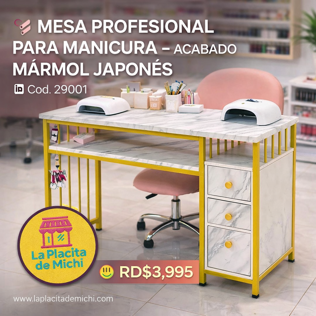 💅 MESA PROFESIONAL DE UÑAS PARA MANICURA – ACABADO MÁRMOL JAPONÉS
🆔 Cod. 290001

💰 RD$3,995

Medidas: 100*40*76