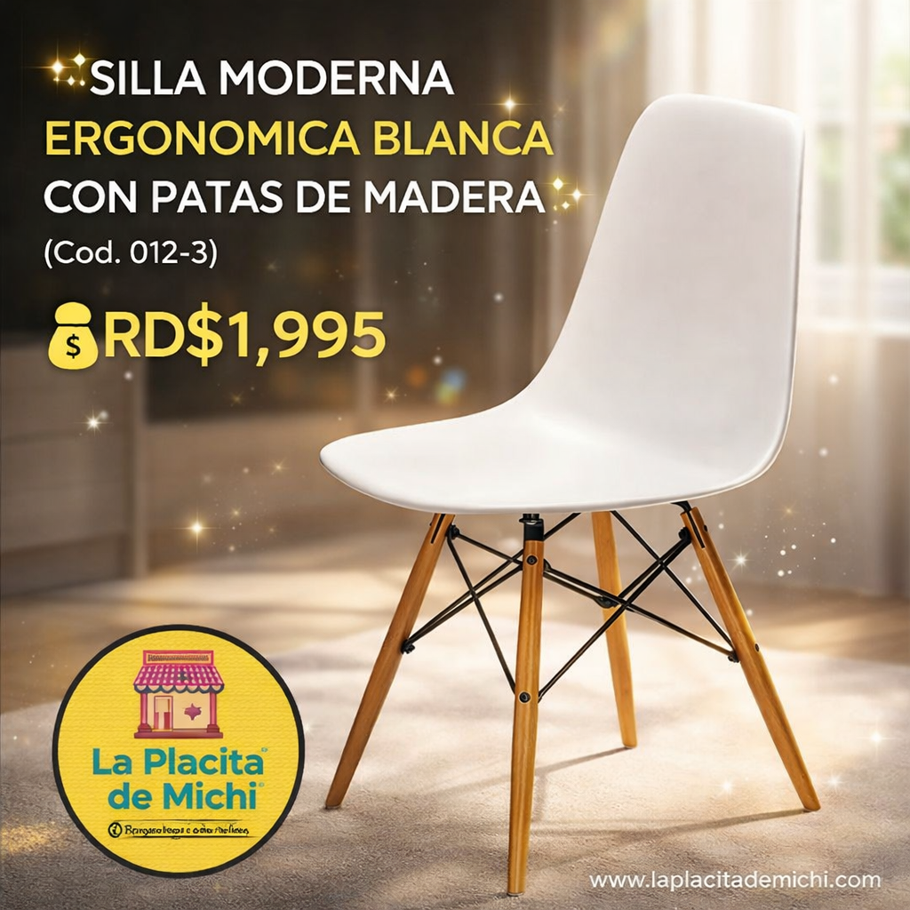 🪑✨ SILLA MODERNA ERGONÓMICA BLANCA CON PATAS DE MADERA ✨🪑
(Cod. 012-3)

💰RD$1,995