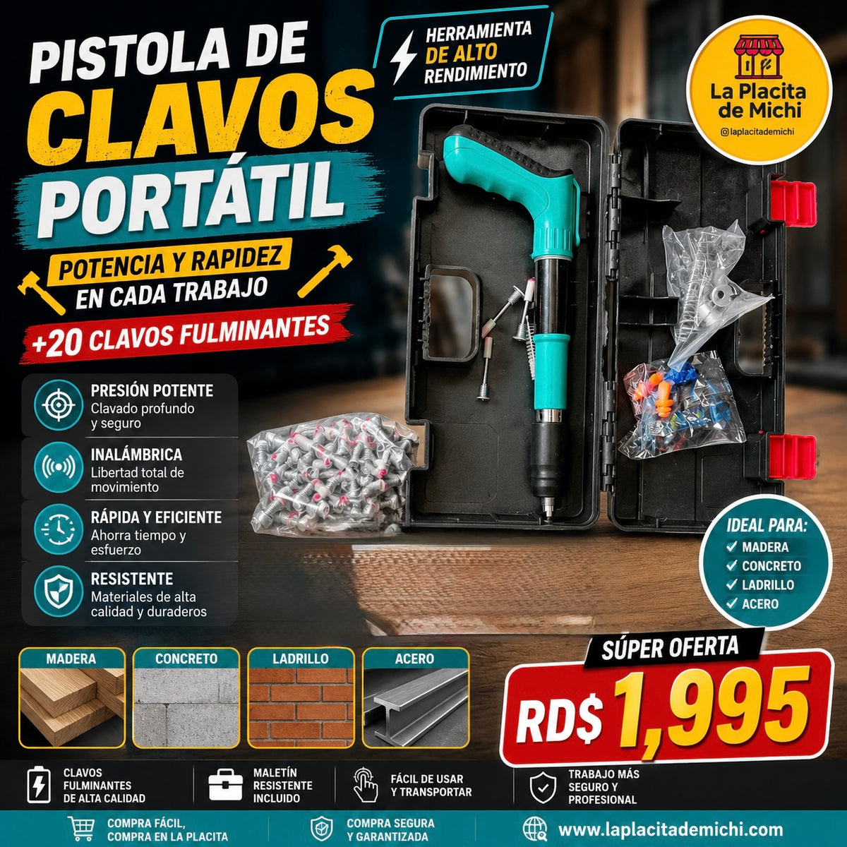 🔨🔥 PISTOLA DE CLAVOS PORTÁTIL – POTENCIA Y RAPIDEZ EN CADA TRABAJO 🔥🔨(+20 Clavos Fulminantes) 

💰 RD$1,995