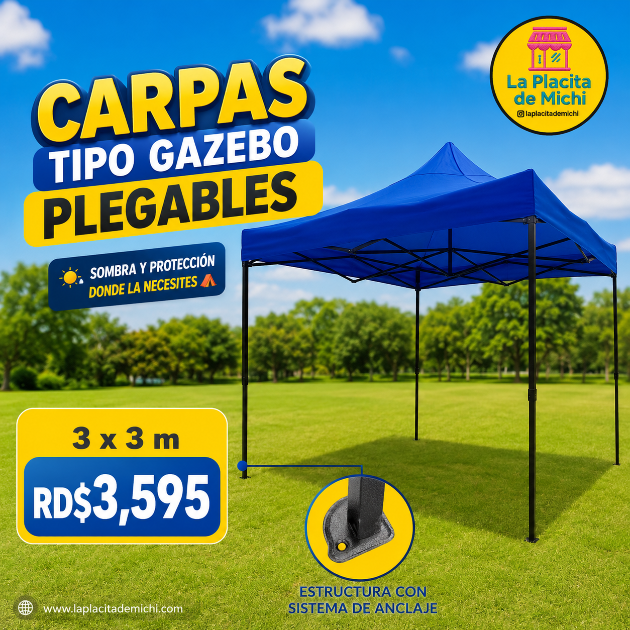 🌤️ Carpa Toldo Plegable Reforzada 3x3m 🔹
💰 RD$3,595