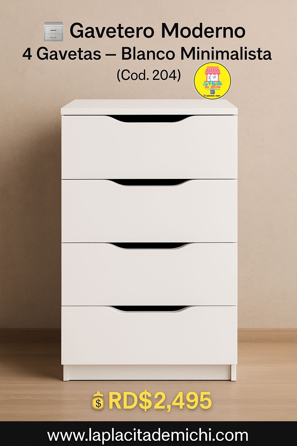 Mesita de Noche 🗄️✨ Gavetero Moderno 4 Gavetas – Blanco Minimalista ✨🗄️
(Cod. 204)