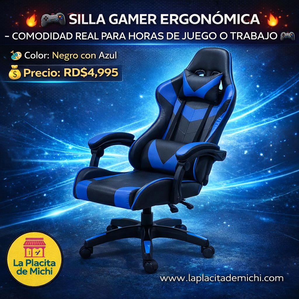 🎮🔥 SILLA GAMER ERGONÓMICA – COMODIDAD REAL PARA HORAS DE JUEGO O TRABAJO 🔥🎮
🎨 Color: Negro con Azul 

💰 Precio: RD$4,995