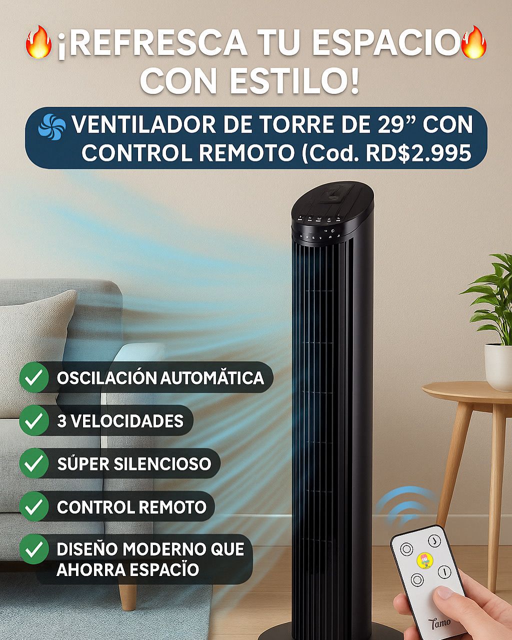 🔥 ¡Refresca tu espacio con estilo! 🔥
🌀 Ventilador de Torre de 29” con Control Remoto (Cod.